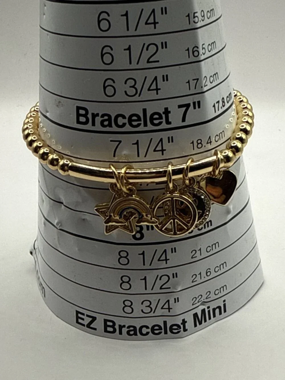 Gold Tone Bead Charm Bracelet Y2K Smiley Face Star Rainbow Peace Sign Stretch